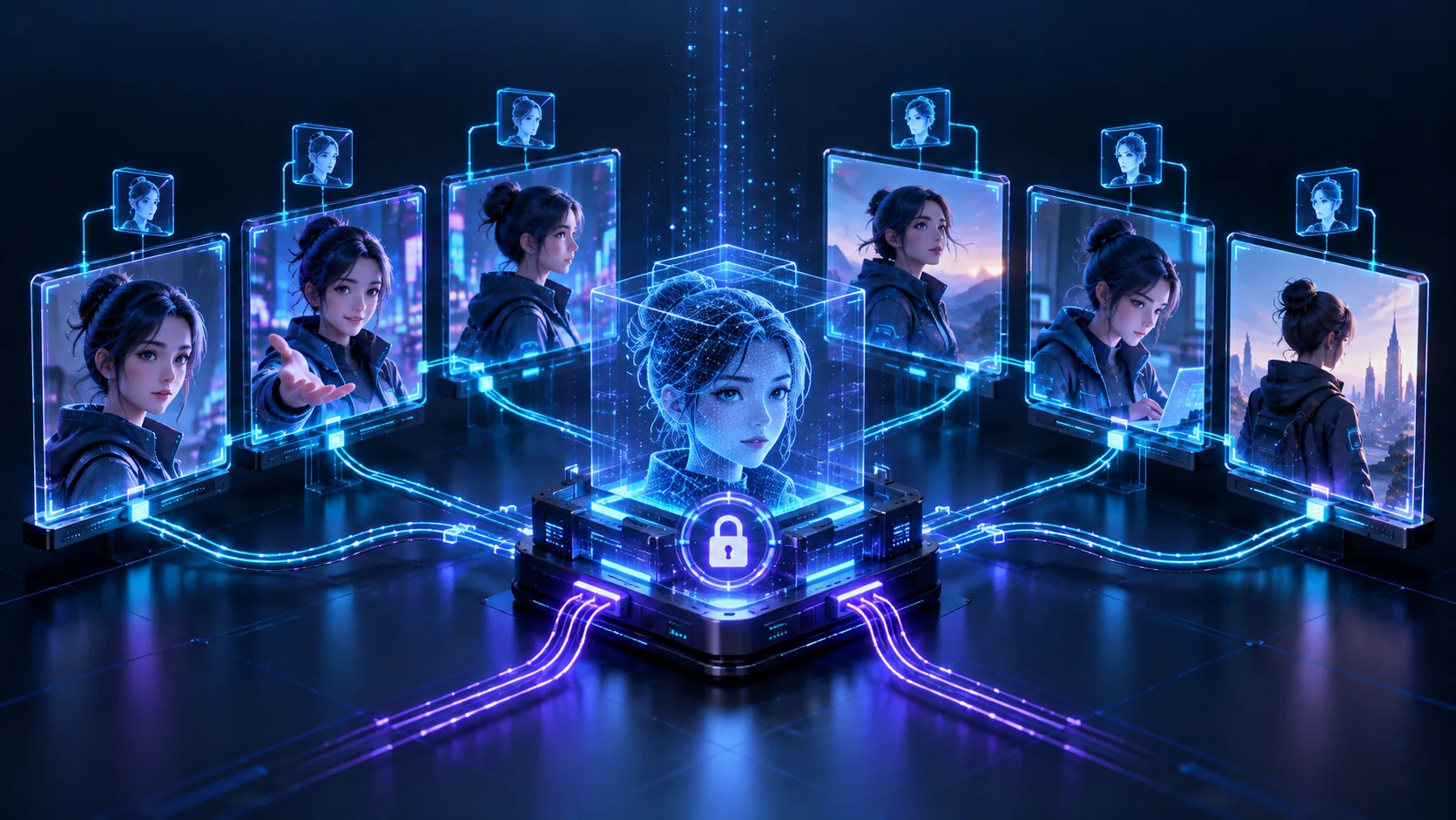 Illustrative scene sequence with repeated character shapes and reference links around an identity consistency hub.