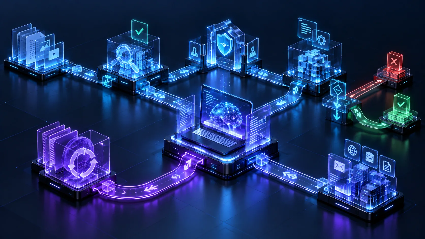 Concept illustration of a local AI workstation facing multiple interconnected task and verification checkpoints.